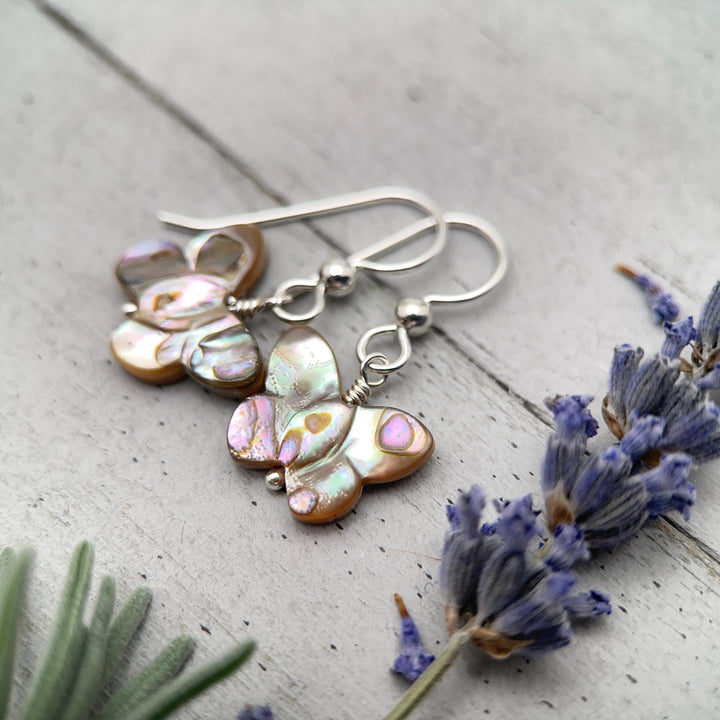 Abalone Butterfly Earrings, Sterling Silver & Paua Shell, Nature Inspired Jewelry, Handmade Coastal Gift for Her - SunlightSilver