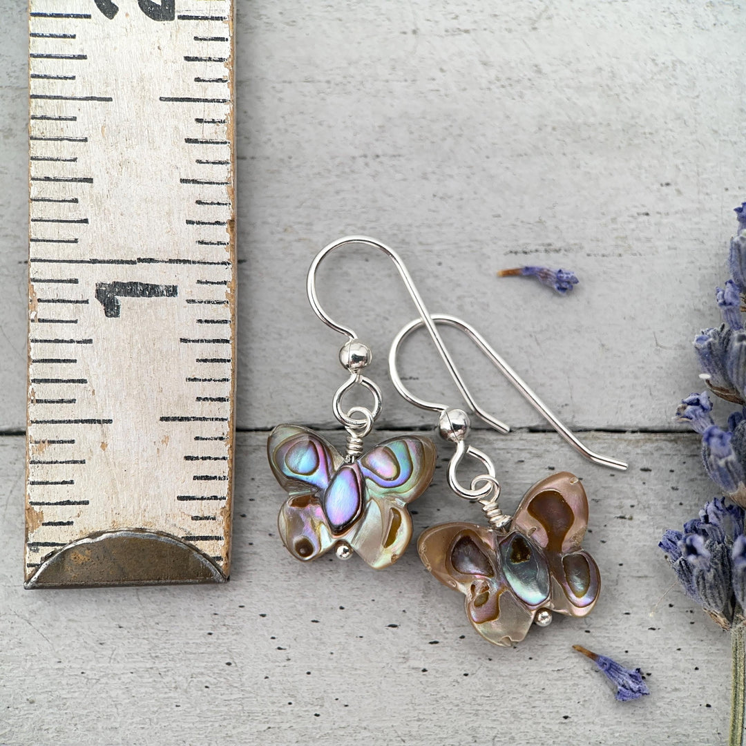 Abalone Butterfly Earrings, Sterling Silver & Paua Shell, Nature Inspired Jewelry, Handmade Coastal Gift for Her - SunlightSilver