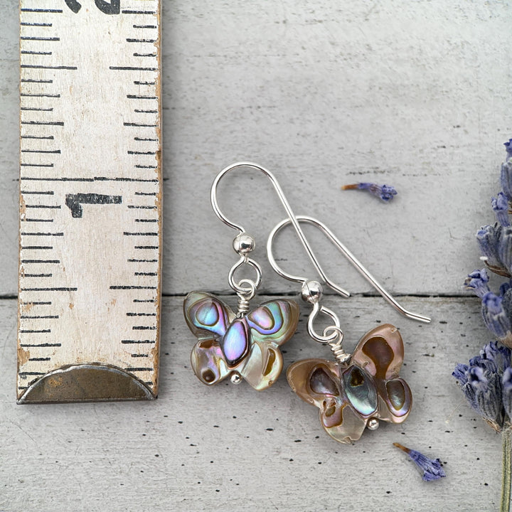 Abalone Butterfly Earrings, Sterling Silver & Paua Shell, Nature Inspired Jewelry, Handmade Coastal Gift for Her - SunlightSilver