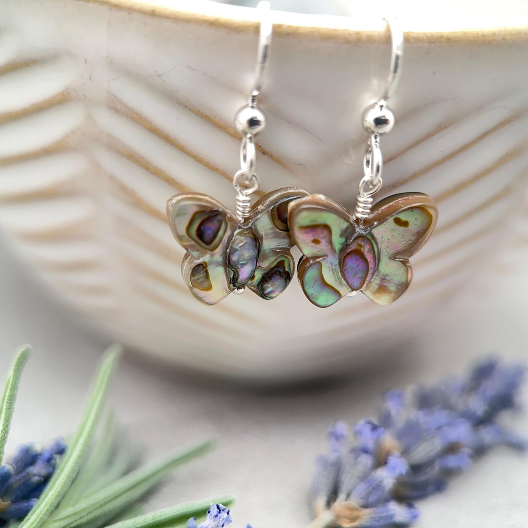 Abalone Butterfly Earrings, Sterling Silver & Paua Shell, Nature Inspired Jewelry, Handmade Coastal Gift for Her - SunlightSilver