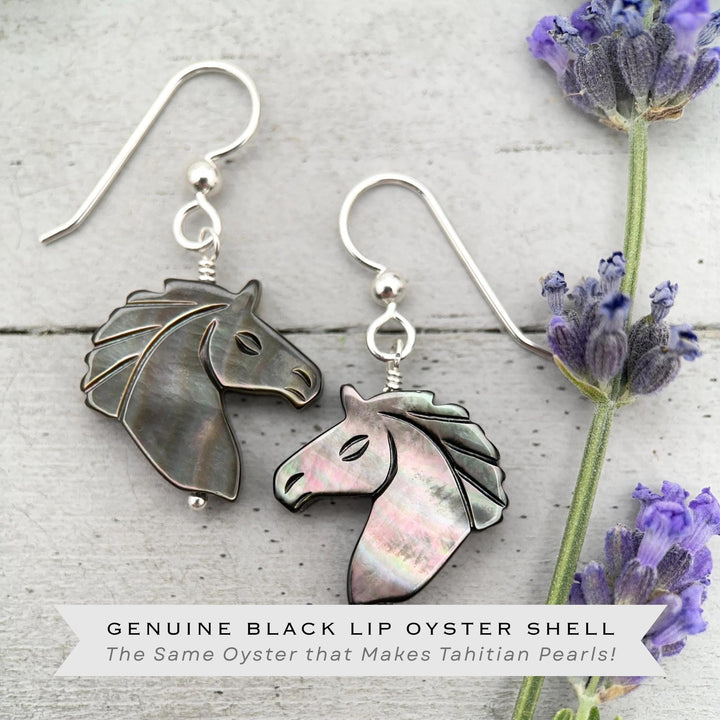 Gray Mother of Pearl Horse Earrings | Sterling Silver Black Lip Oyster Shell| Year of the Horse 2026 | Western Gift for Her - SunlightSilver
