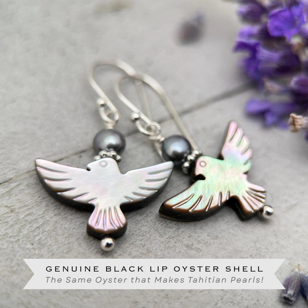 Black Mother of Pearl Thunder Bird, Pearl and Sterling Silver Earrings - Black Lipped Oyster Shell Jewelry - Native Thunderbird Symbol - SunlightSilver