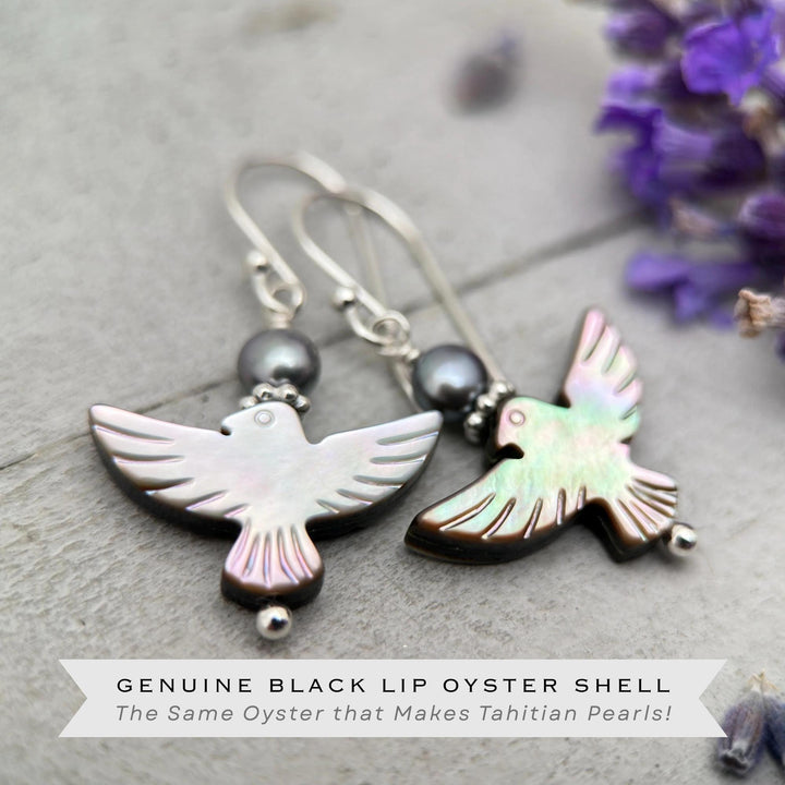 Black Mother of Pearl Thunder Bird, Pearl and Sterling Silver Earrings - Black Lipped Oyster Shell Jewelry - Native Thunderbird Symbol - SunlightSilver