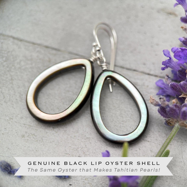 Black Mother of Pearl Teardrop Earrings – Elegant Sterling Silver Shell Drop Jewelry - Black Lip Oyster Shell Hoop Earrings - SunlightSilver