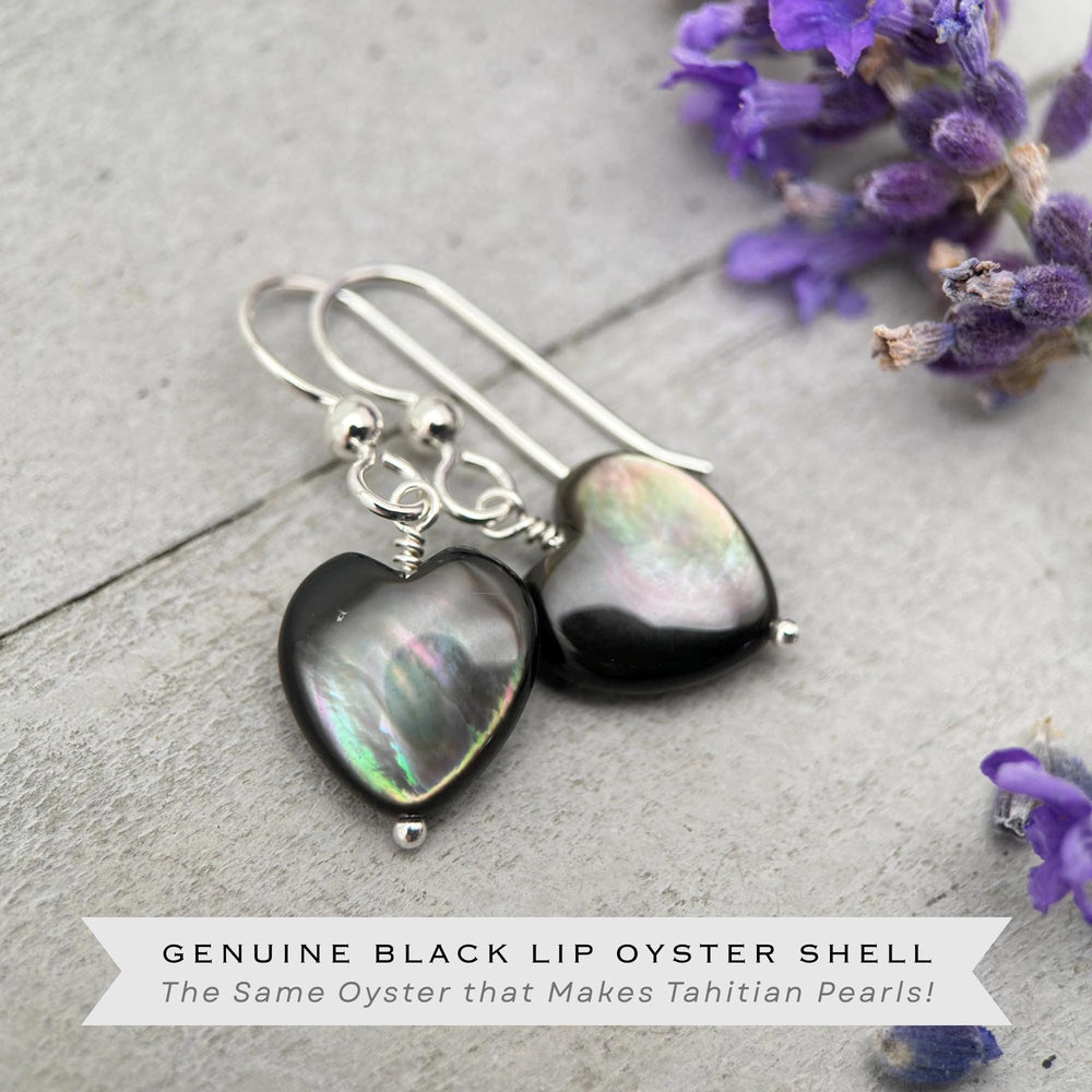 Black Lip Oyster Shell Heart Earrings | Sterling Silver Mother of Pearl Jewelry | Love, Friendship Symbol - SunlightSilver