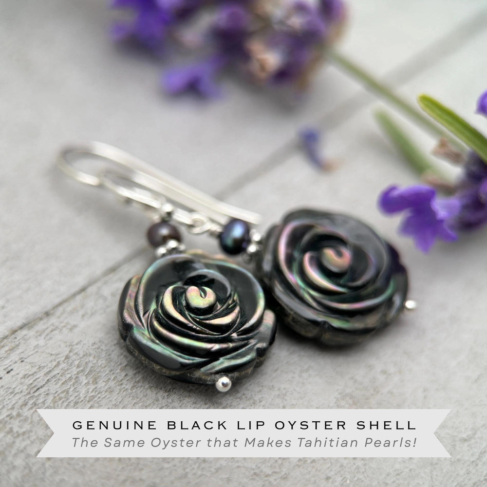 Black Lip Oyster Shell Rose Flower and Sterling Silver Earrings - SunlightSilver