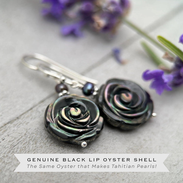 Black Lip Oyster Shell Rose Flower and Sterling Silver Earrings - SunlightSilver