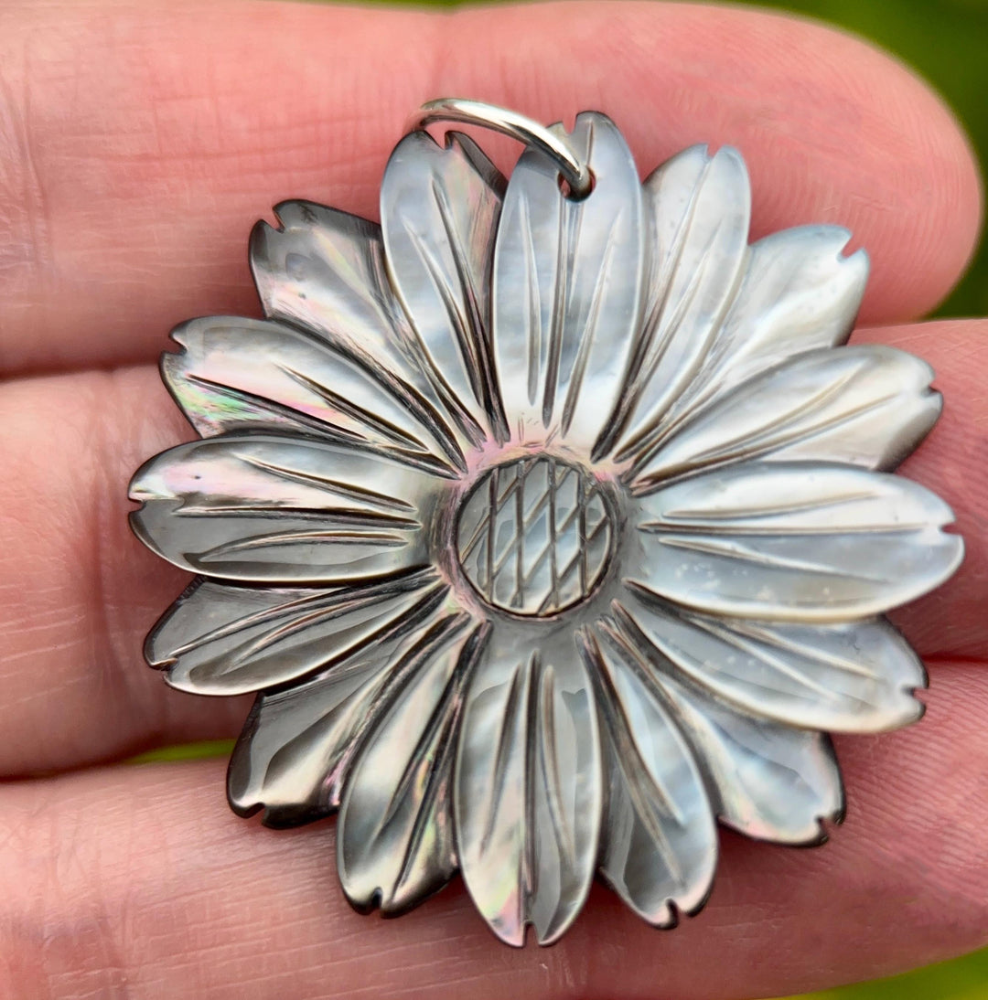 Black Lip Oyster Shell Flower Pendant, Sterling Silver Daisy Pendant, Hand Carved Shell Necklace Pendant, Coastal Jewelry - SunlightSilver