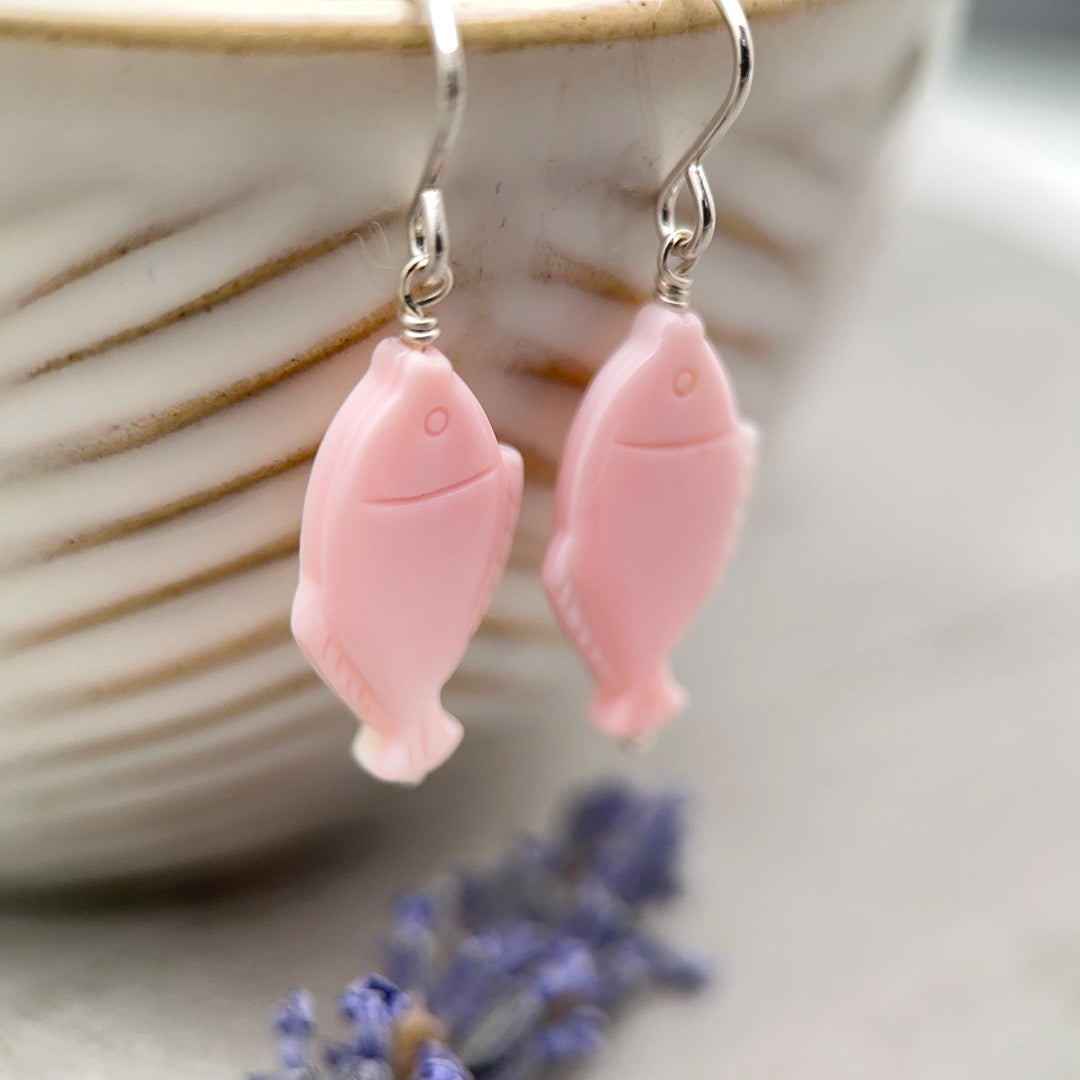 Fish Earrings - Cultured Recycled Faux "Sea Glass" - Rustic Brown Leather - Sterling Silver - Sea Foam Green - Tropical Beach Vibes - SunlightSilver