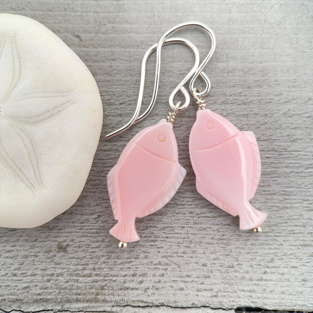 Fish Earrings - Cultured Recycled Faux "Sea Glass" - Rustic Brown Leather - Sterling Silver - Sea Foam Green - Tropical Beach Vibes - SunlightSilver
