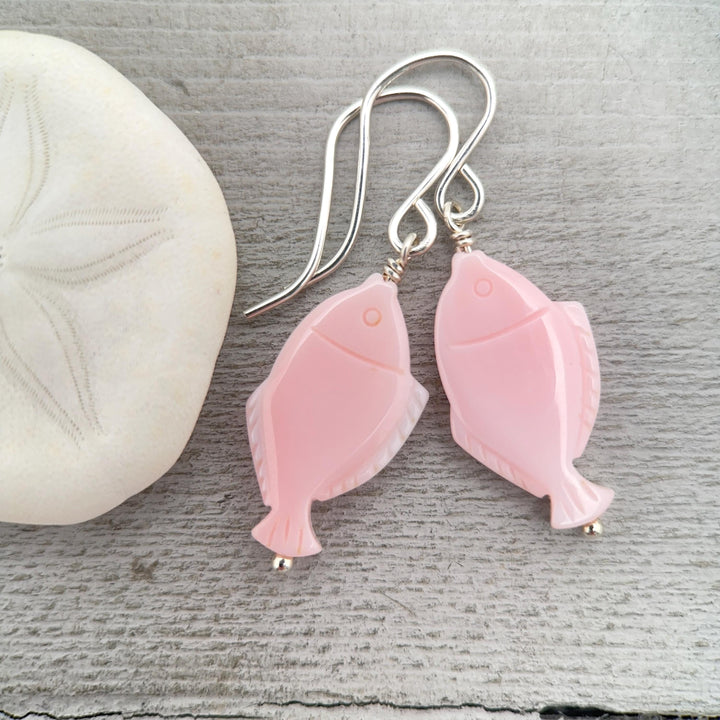 Fish Earrings - Cultured Recycled Faux "Sea Glass" - Rustic Brown Leather - Sterling Silver - Sea Foam Green - Tropical Beach Vibes - SunlightSilver
