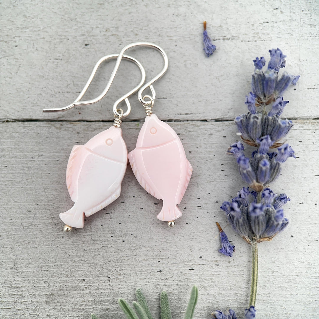Fish Earrings - Cultured Recycled Faux "Sea Glass" - Rustic Brown Leather - Sterling Silver - Sea Foam Green - Tropical Beach Vibes - SunlightSilver