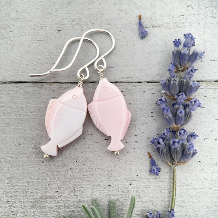 Fish Earrings - Cultured Recycled Faux "Sea Glass" - Rustic Brown Leather - Sterling Silver - Sea Foam Green - Tropical Beach Vibes - SunlightSilver