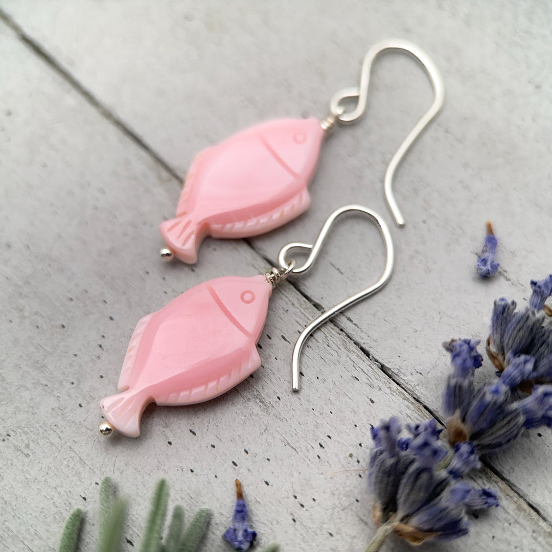 Fish Earrings - Cultured Recycled Faux "Sea Glass" - Rustic Brown Leather - Sterling Silver - Sea Foam Green - Tropical Beach Vibes - SunlightSilver