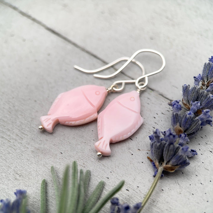 Fish Earrings - Cultured Recycled Faux "Sea Glass" - Rustic Brown Leather - Sterling Silver - Sea Foam Green - Tropical Beach Vibes - SunlightSilver