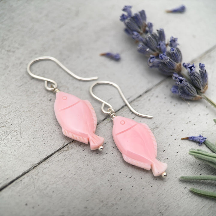 Fish Earrings - Cultured Recycled Faux "Sea Glass" - Rustic Brown Leather - Sterling Silver - Sea Foam Green - Tropical Beach Vibes - SunlightSilver