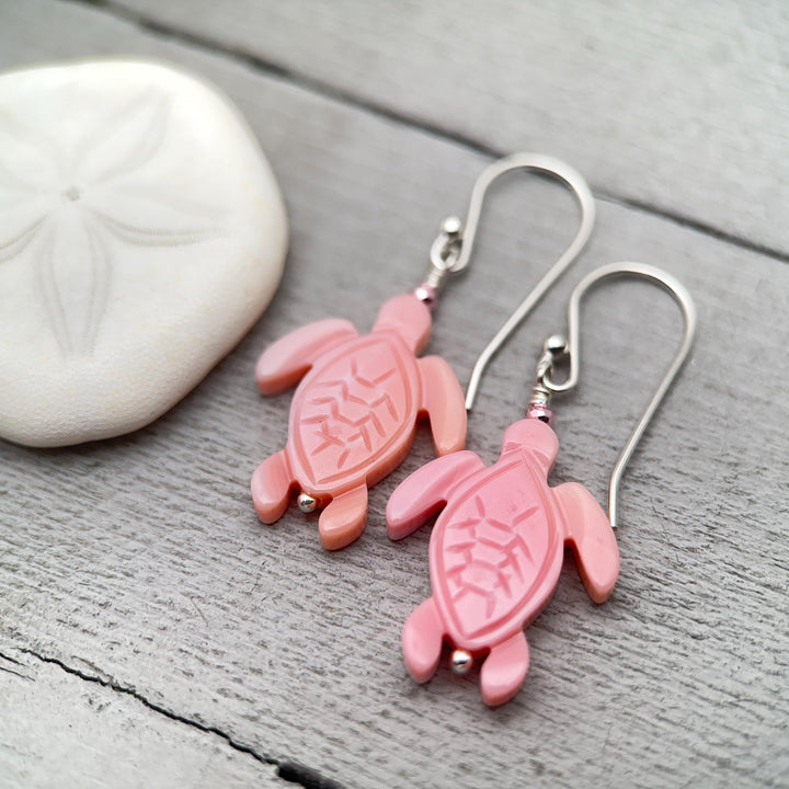 Sea Turtle Earrings - Cultured Recycled Faux "Sea Glass" Tortuga - Solid 925 Sterling Silver - Choose Your Color - Tropical Beach Vibes - SunlightSilver