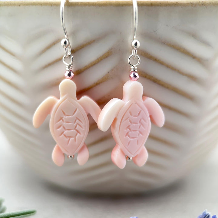 Sea Turtle Earrings - Cultured Recycled Faux "Sea Glass" Tortuga - Solid 925 Sterling Silver - Choose Your Color - Tropical Beach Vibes - SunlightSilver