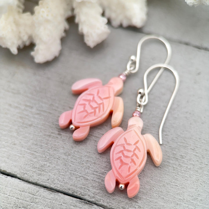 Sea Turtle Earrings - Cultured Recycled Faux "Sea Glass" Tortuga - Solid 925 Sterling Silver - Choose Your Color - Tropical Beach Vibes - SunlightSilver