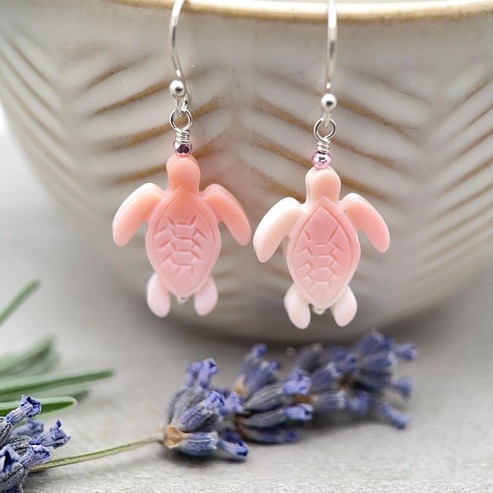 Sea Turtle Earrings - Cultured Recycled Faux "Sea Glass" Tortuga - Solid 925 Sterling Silver - Choose Your Color - Tropical Beach Vibes - SunlightSilver