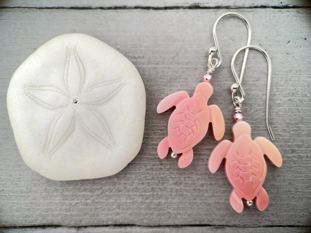 Sea Turtle Earrings - Cultured Recycled Faux "Sea Glass" Tortuga - Solid 925 Sterling Silver - Choose Your Color - Tropical Beach Vibes - SunlightSilver