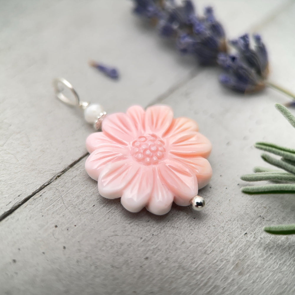 Large Carved Pink Queen Conch Shell Flower and Sterling Silver Pendant - SunlightSilver