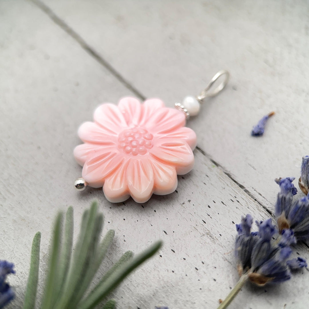 Large Carved Pink Queen Conch Shell Flower and Sterling Silver Pendant - SunlightSilver
