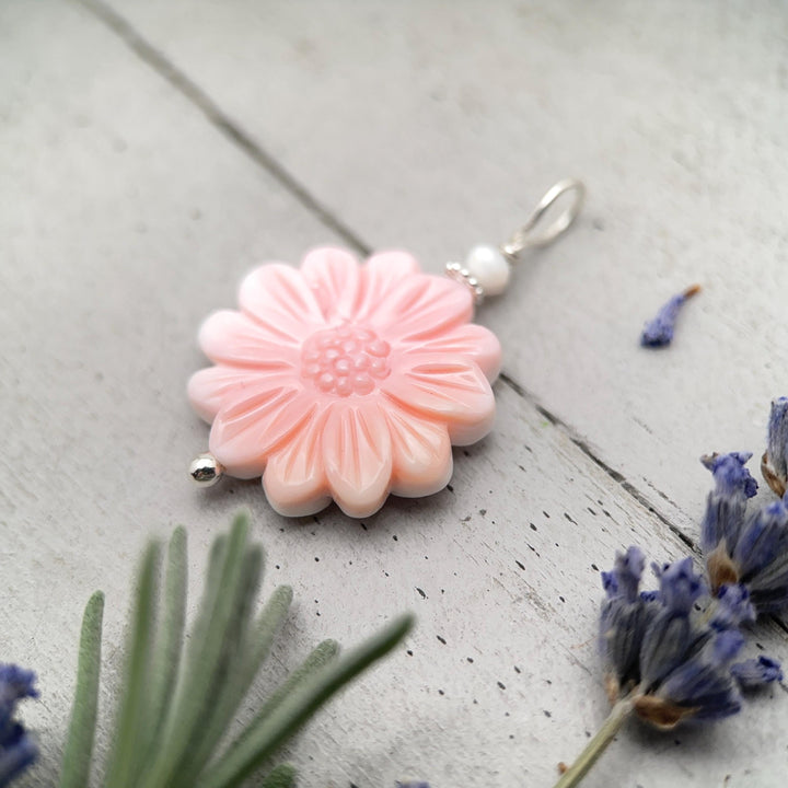 Large Carved Pink Queen Conch Shell Flower and Sterling Silver Pendant - SunlightSilver