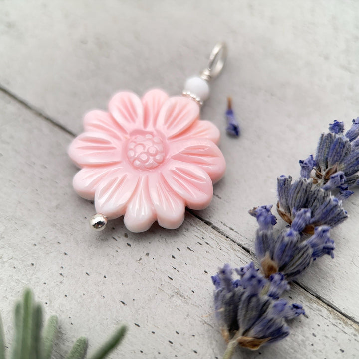 Large Carved Pink Queen Conch Shell Flower and Sterling Silver Pendant - SunlightSilver