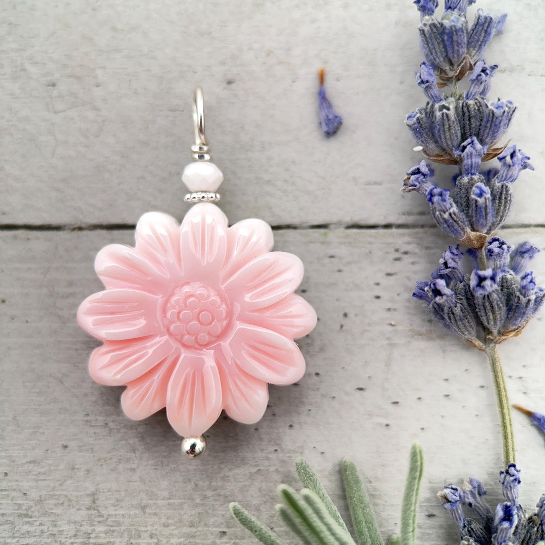 Large Carved Pink Queen Conch Shell Flower and Sterling Silver Pendant - SunlightSilver