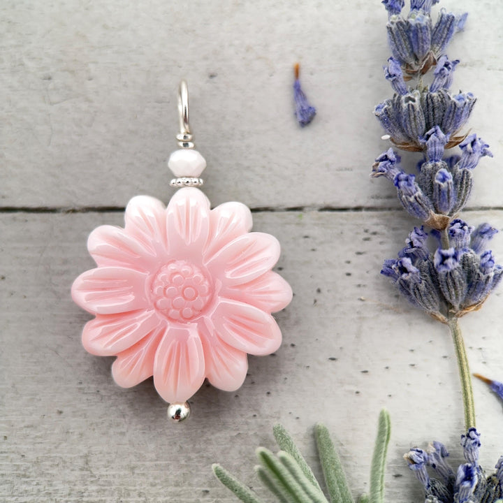 Large Carved Pink Queen Conch Shell Flower and Sterling Silver Pendant - SunlightSilver