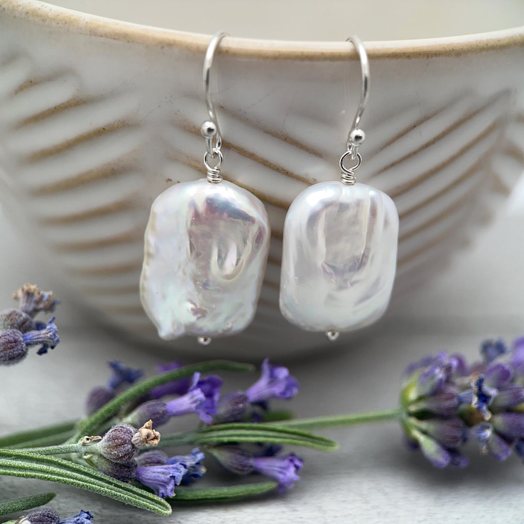 White Rectangle Pearl Earrings – Freshwater Pearls & Solid 925 Sterling Silver - Large, Baroque with Thick, Lustrous Nacre and Orient - SunlightSilver