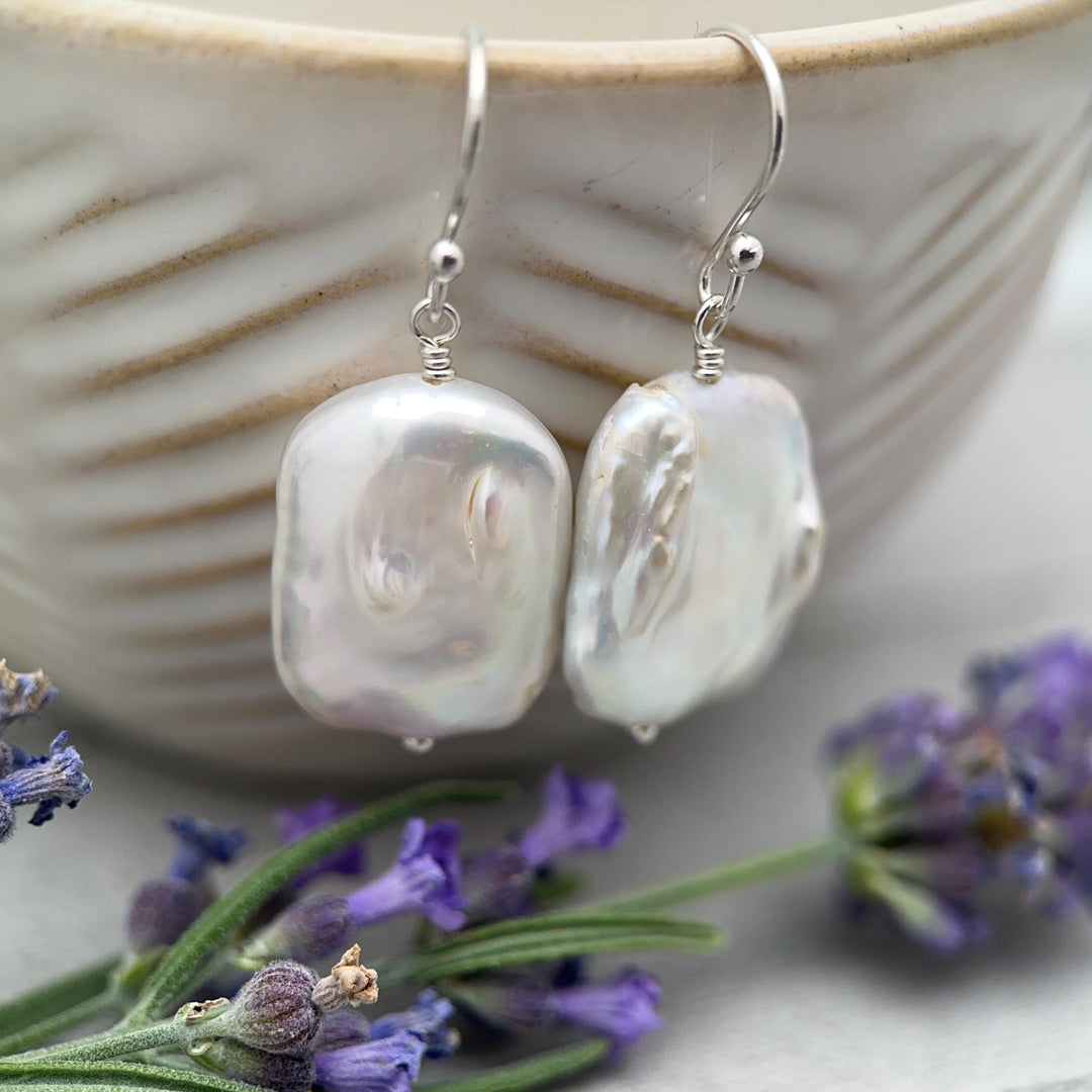 White Rectangle Pearl Earrings – Freshwater Pearls & Solid 925 Sterling Silver - Large, Baroque with Thick, Lustrous Nacre and Orient - SunlightSilver