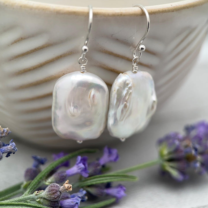 White Rectangle Pearl Earrings – Freshwater Pearls & Solid 925 Sterling Silver - Large, Baroque with Thick, Lustrous Nacre and Orient - SunlightSilver