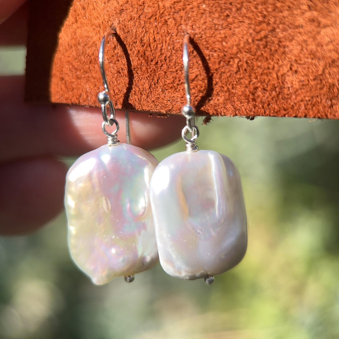 White Rectangle Pearl Earrings – Freshwater Pearls & Solid 925 Sterling Silver - Large, Baroque with Thick, Lustrous Nacre and Orient - SunlightSilver