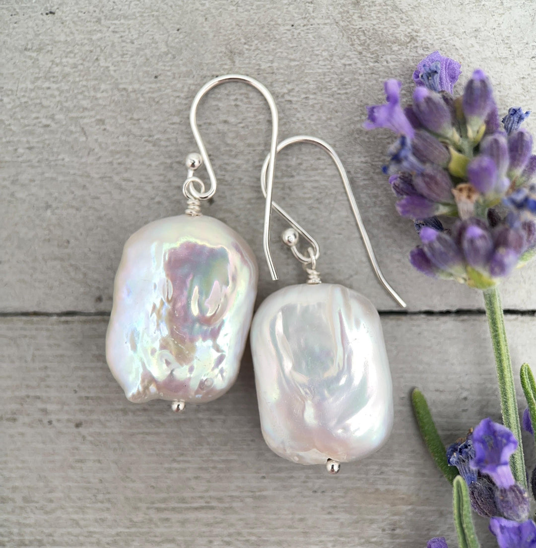 White Rectangle Pearl Earrings – Freshwater Pearls & Solid 925 Sterling Silver - Large, Baroque with Thick, Lustrous Nacre and Orient - SunlightSilver