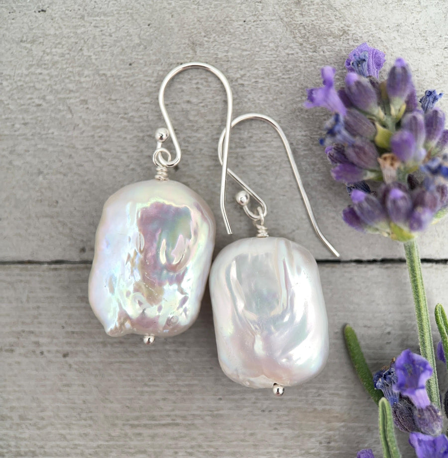 White Rectangle Pearl Earrings – Freshwater Pearls & Solid 925 Sterling Silver - Large, Baroque with Thick, Lustrous Nacre and Orient - SunlightSilver
