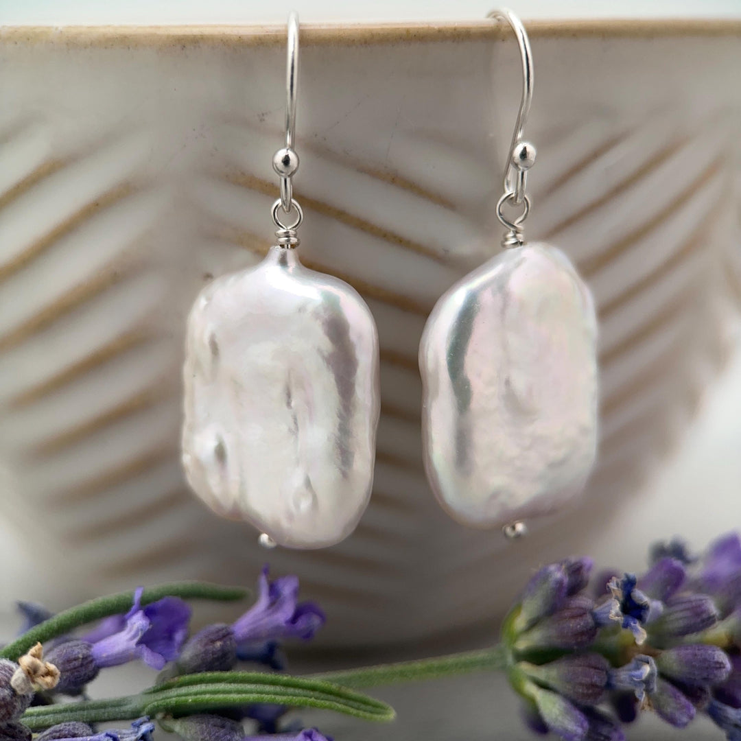 White Rectangle Pearl Earrings – Freshwater Pearls & Solid 925 Sterling Silver - Large, Baroque with Thick, Lustrous Nacre and Orient - SunlightSilver