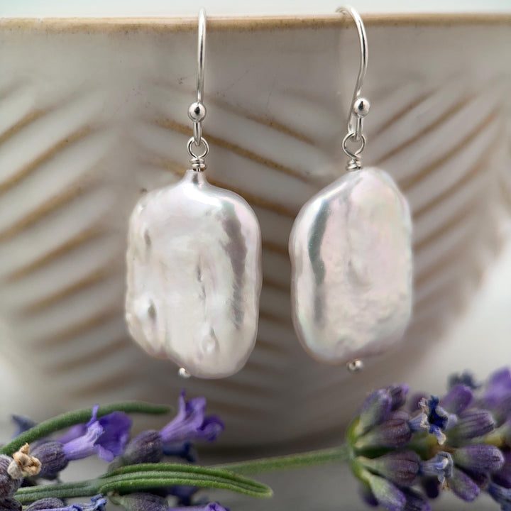 White Rectangle Pearl Earrings – Freshwater Pearls & Solid 925 Sterling Silver - Large, Baroque with Thick, Lustrous Nacre and Orient - SunlightSilver