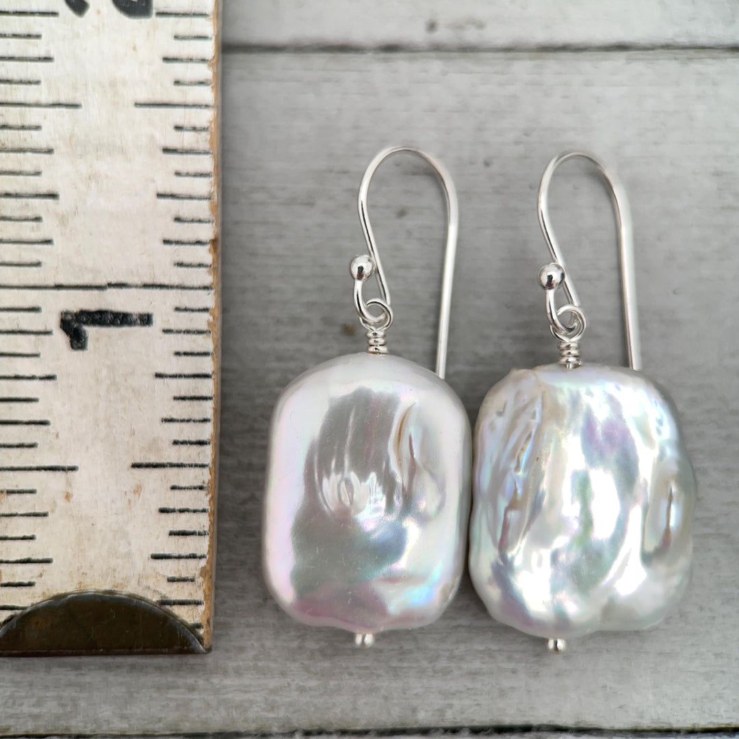 White Rectangle Pearl Earrings – Freshwater Pearls & Solid 925 Sterling Silver - Large, Baroque with Thick, Lustrous Nacre and Orient - SunlightSilver