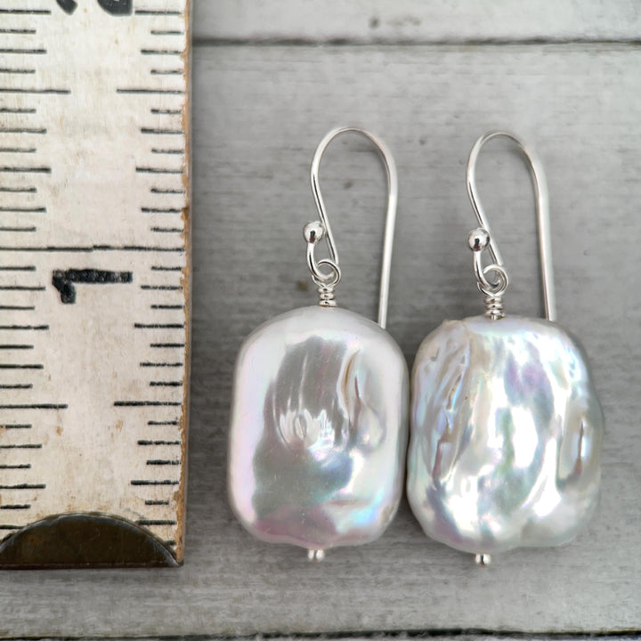 White Rectangle Pearl Earrings – Freshwater Pearls & Solid 925 Sterling Silver - Large, Baroque with Thick, Lustrous Nacre and Orient - SunlightSilver