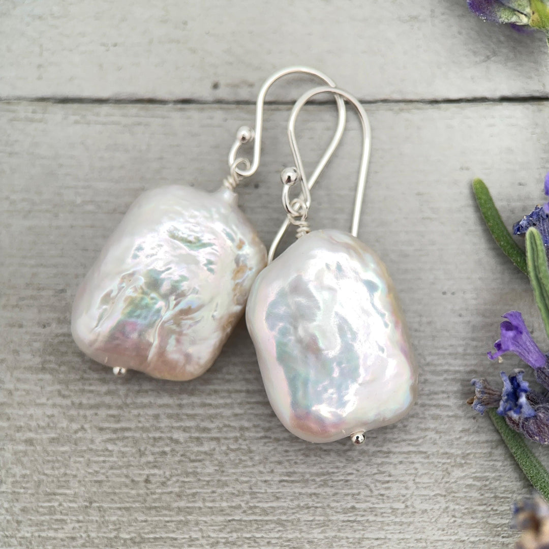 White Rectangle Pearl Earrings – Freshwater Pearls & Solid 925 Sterling Silver - Large, Baroque with Thick, Lustrous Nacre and Orient - SunlightSilver