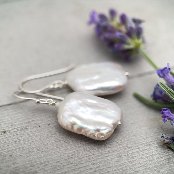 White Rectangle Pearl Earrings – Freshwater Pearls & Solid 925 Sterling Silver - Large, Baroque with Thick, Lustrous Nacre and Orient - SunlightSilver