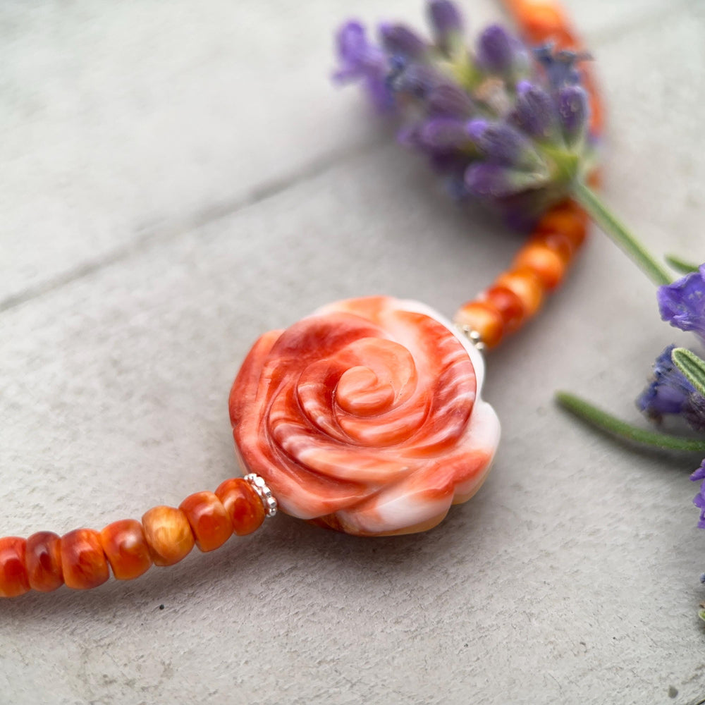Orange-Red Spiny Oyster Necklace - Sterling Silver Jewelry, Carved Rose Pendant, Southwestern Necklace, Handmade Artisan Gift - SunlightSilver