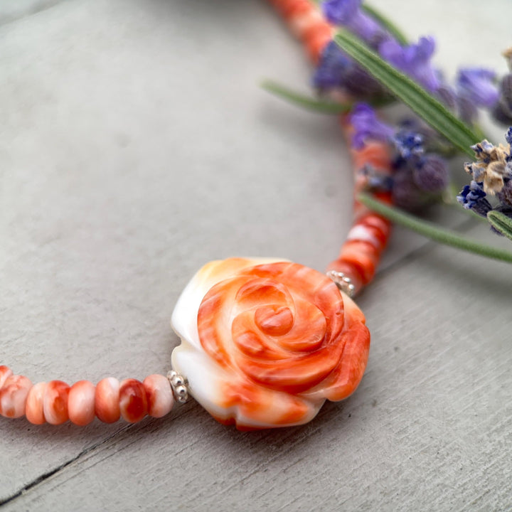 Orange-Red Spiny Oyster Necklace - Sterling Silver Jewelry, Carved Rose Pendant, Southwestern Necklace, Handmade Artisan Gift - SunlightSilver