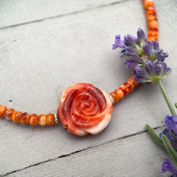 Orange-Red Spiny Oyster Necklace - Sterling Silver Jewelry, Carved Rose Pendant, Southwestern Necklace, Handmade Artisan Gift - SunlightSilver