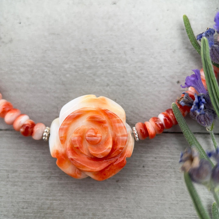 Orange-Red Spiny Oyster Necklace - Sterling Silver Jewelry, Carved Rose Pendant, Southwestern Necklace, Handmade Artisan Gift - SunlightSilver