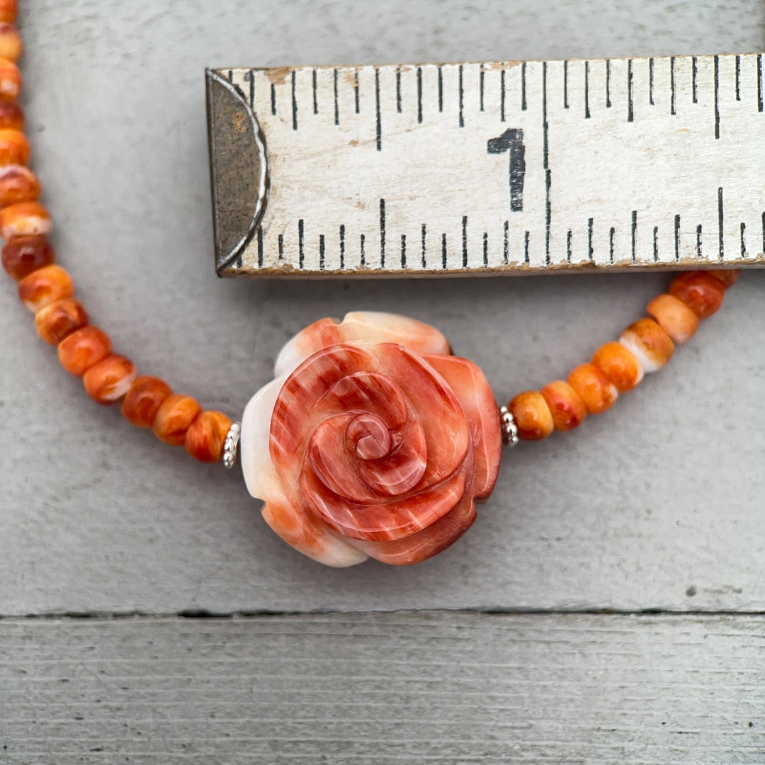 Orange-Red Spiny Oyster Necklace - Sterling Silver Jewelry, Carved Rose Pendant, Southwestern Necklace, Handmade Artisan Gift - SunlightSilver