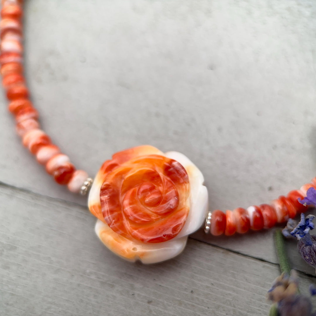 Orange-Red Spiny Oyster Necklace - Sterling Silver Jewelry, Carved Rose Pendant, Southwestern Necklace, Handmade Artisan Gift - SunlightSilver