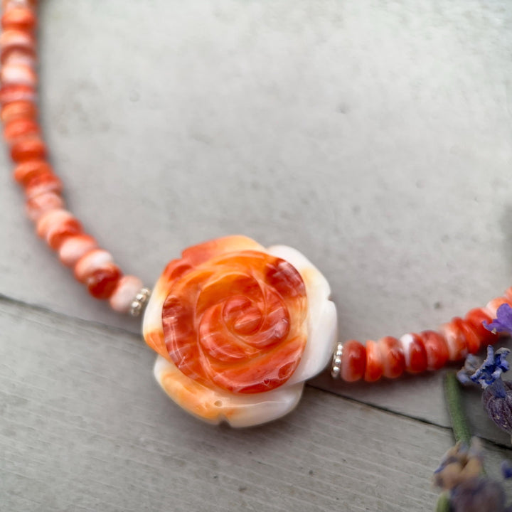Orange-Red Spiny Oyster Necklace - Sterling Silver Jewelry, Carved Rose Pendant, Southwestern Necklace, Handmade Artisan Gift - SunlightSilver